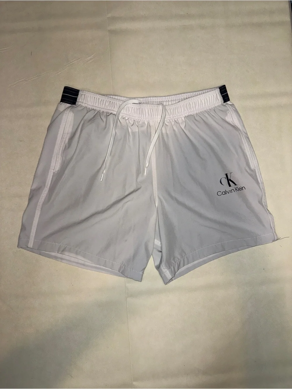 Calvin Klein White Athletic Shorts with Black Waist Accents
